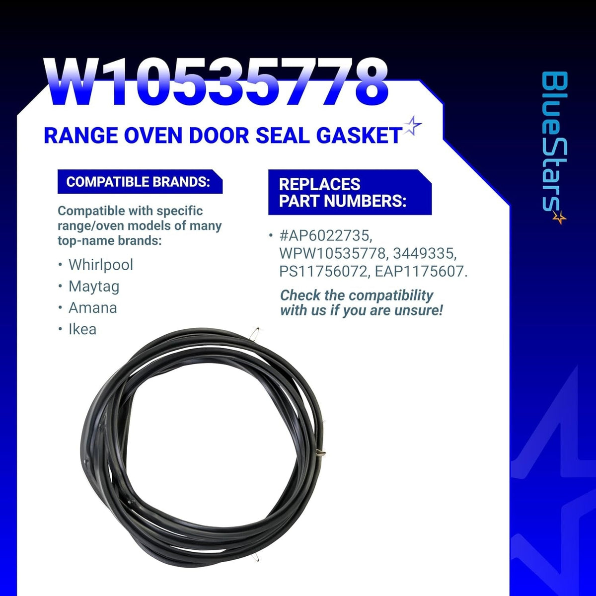 W10535778 range oven door seal gasket coiled with compatibility and replacement part number information graphic.