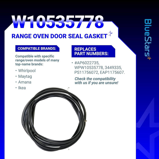 W10535778 range oven door seal gasket coiled with compatibility and replacement part number information graphic.