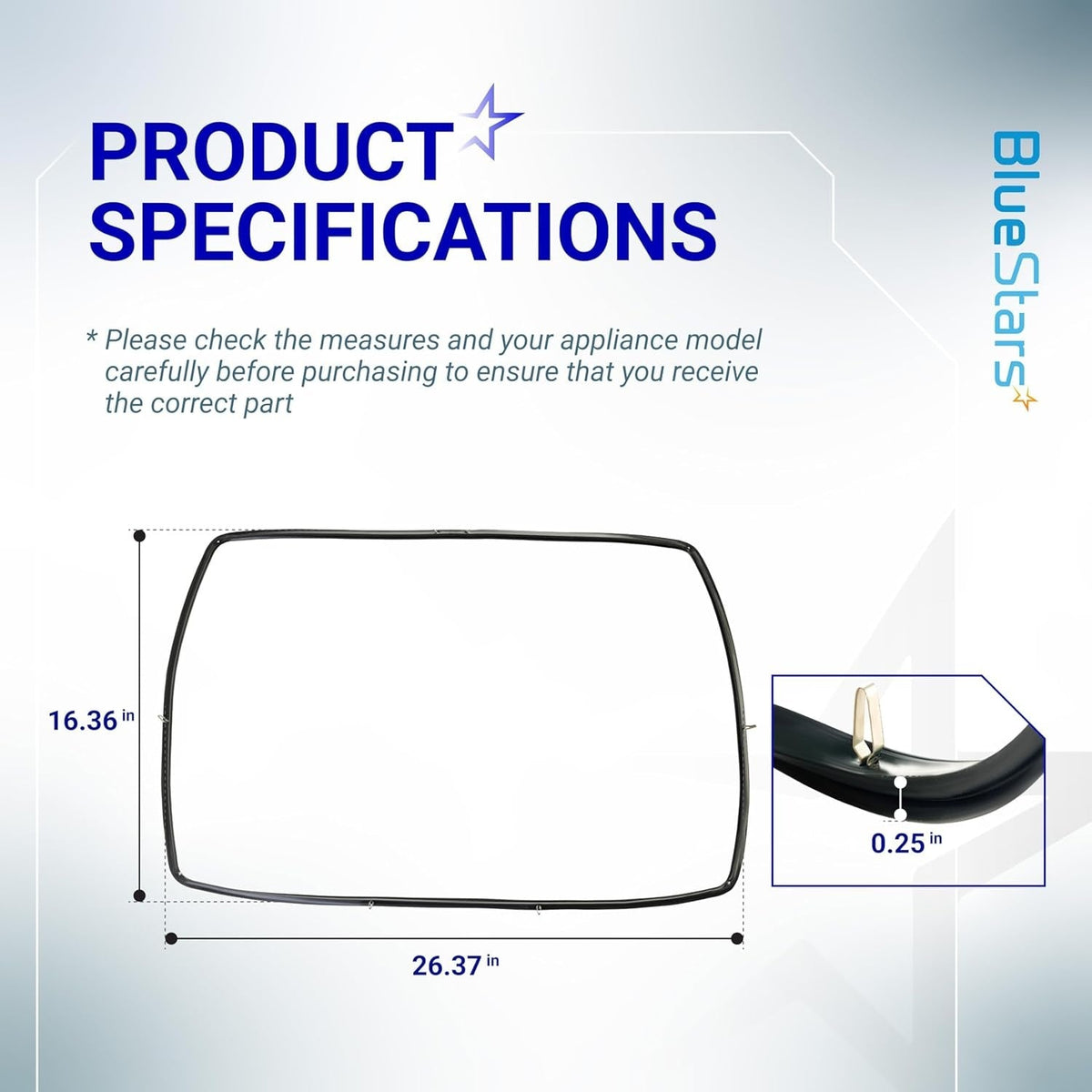 W10535778 range oven door seal gasket dimensions diagram showing 16.36 inch height and 26.37 inch width.