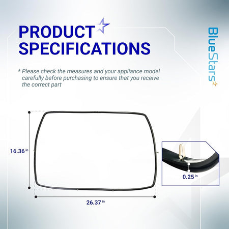 W10535778 range oven door seal gasket dimensions diagram showing 16.36 inch height and 26.37 inch width.