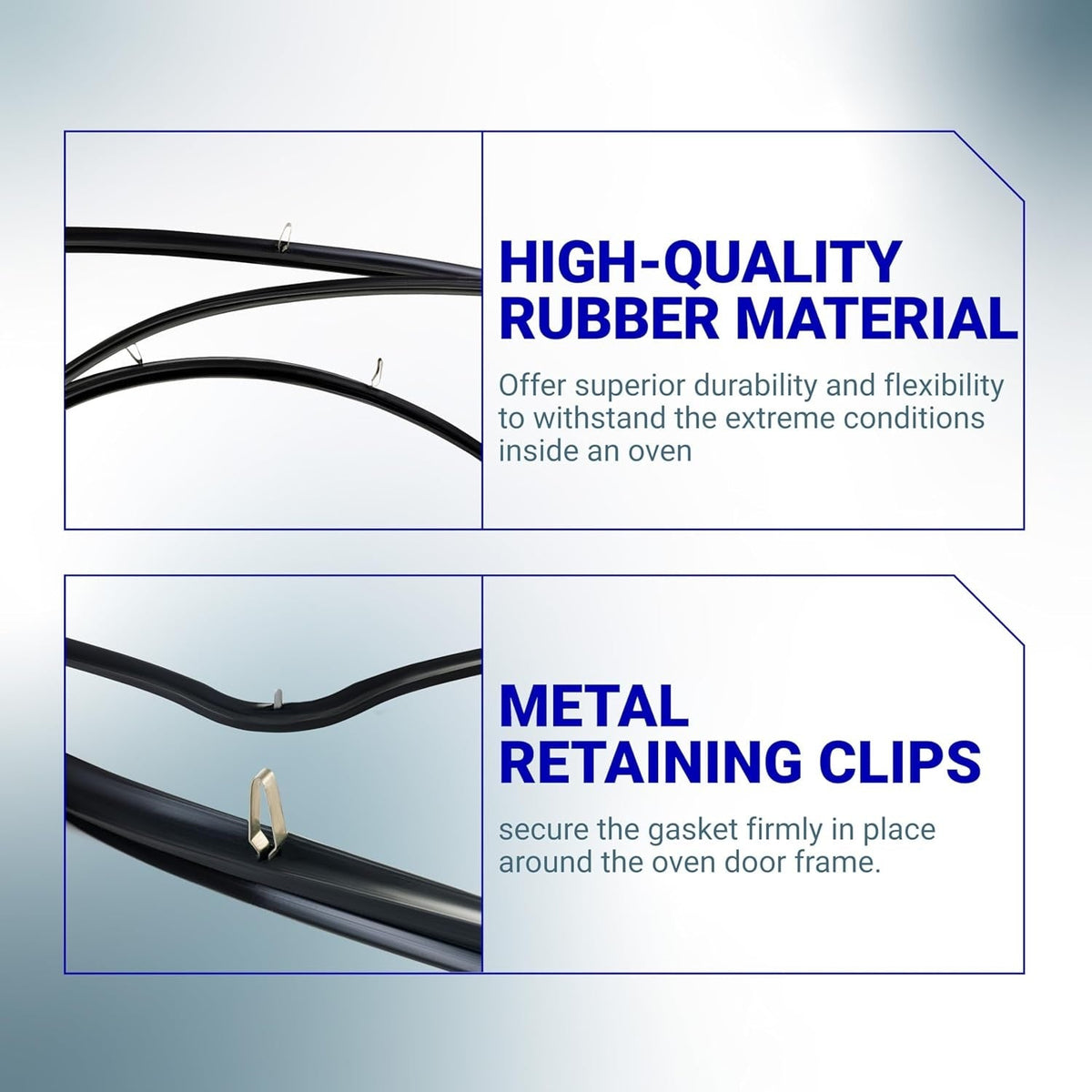 W10535778 oven door seal gasket showing high-quality rubber material and metal retaining clips for secure installation.