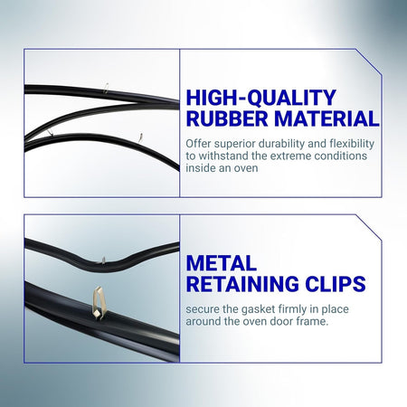W10535778 oven door seal gasket showing high-quality rubber material and metal retaining clips for secure installation.
