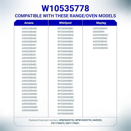 Compatibility chart for W10535778 range oven door seal gasket listing Whirlpool, Maytag, and Amana model numbers.