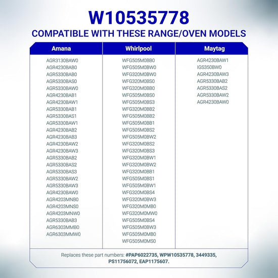 Compatibility chart for W10535778 range oven door seal gasket listing Whirlpool, Maytag, and Amana model numbers.