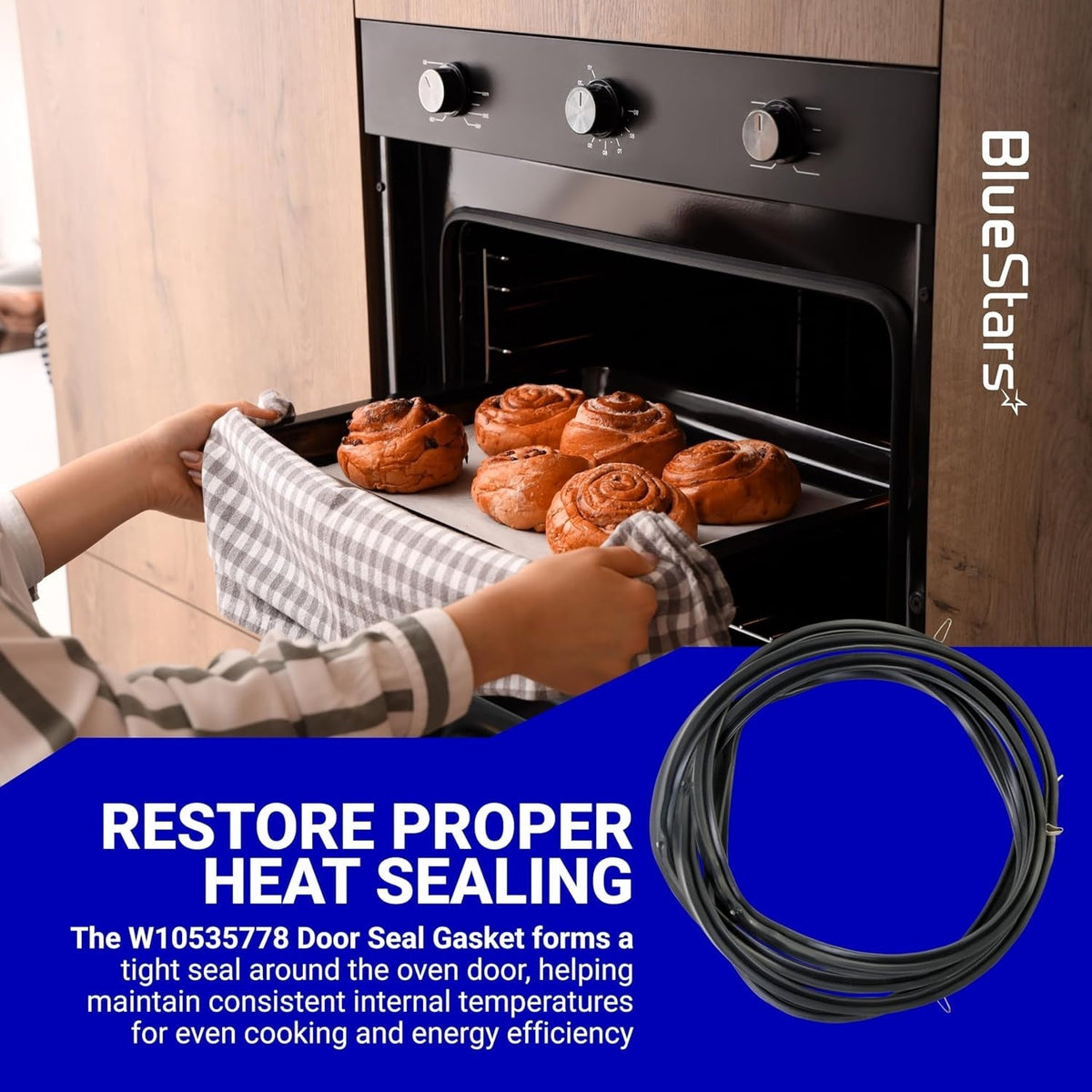 W10535778 oven door seal gasket coiled next to an oven with baked goods, demonstrating heat sealing functionality.