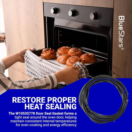 W10535778 oven door seal gasket coiled next to an oven with baked goods, demonstrating heat sealing functionality.