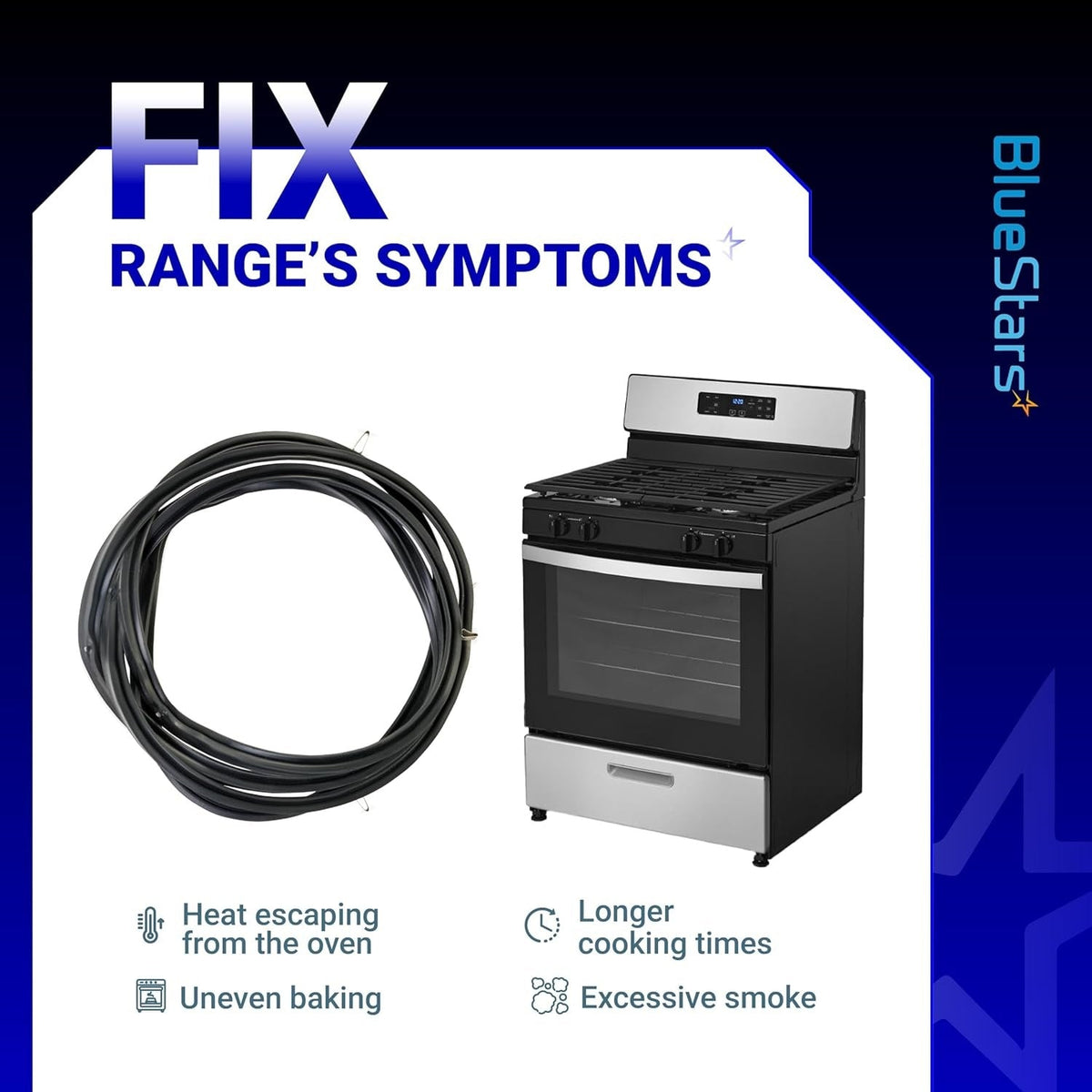 W10535778 oven door seal gasket shown with a range to illustrate common symptoms like heat loss and uneven baking.