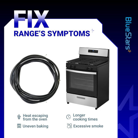 W10535778 oven door seal gasket shown with a range to illustrate common symptoms like heat loss and uneven baking.