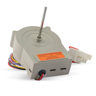 EAU63923603 refrigerator evaporator fan motor with wiring harness and label detail.