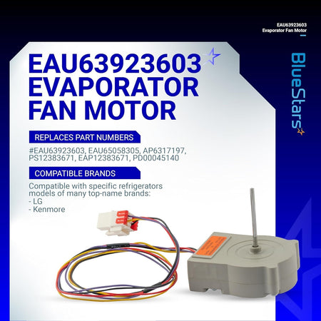 EAU63923603 refrigerator evaporator fan motor with wiring harness and connector for LG and Kenmore refrigerators.