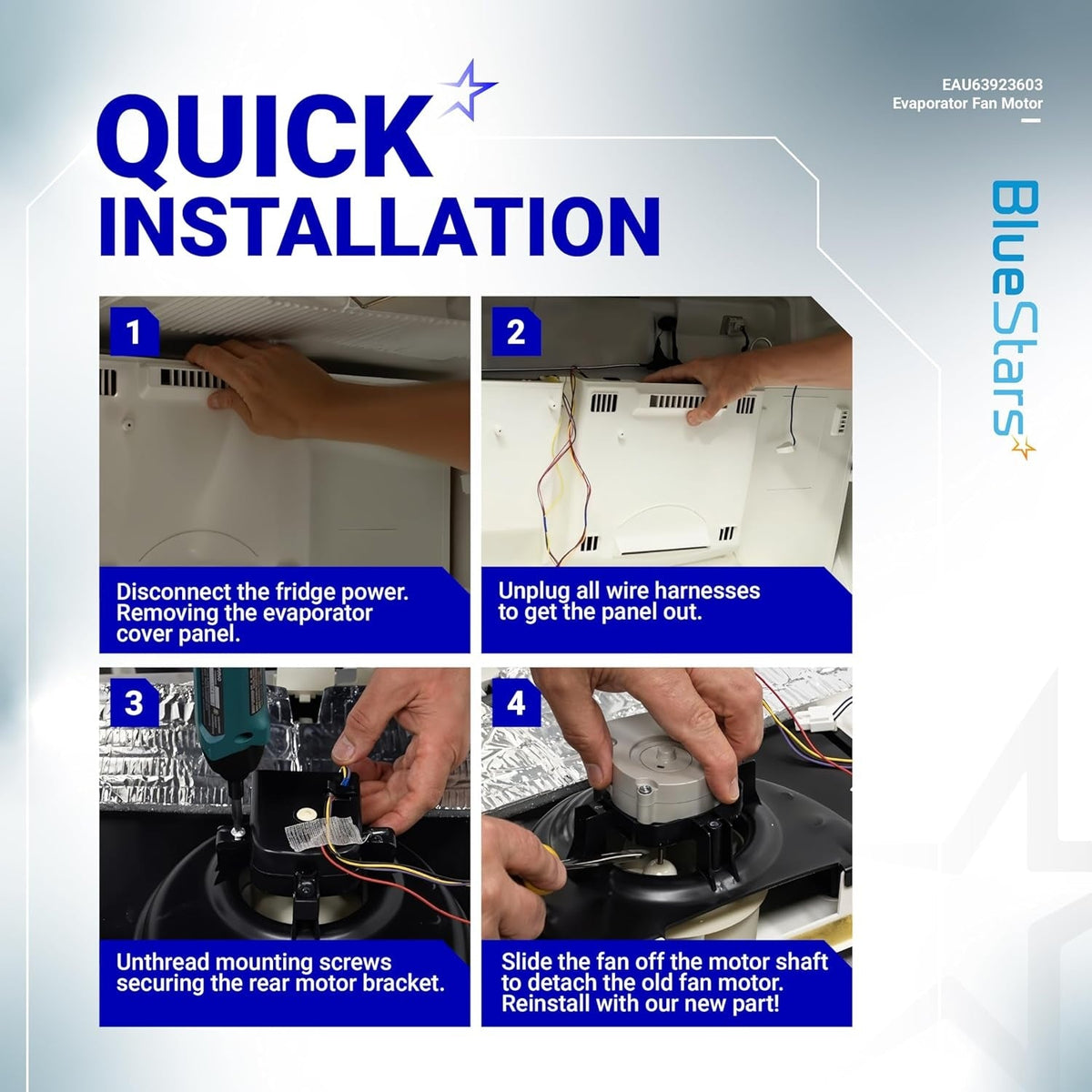 Quick installation guide for EAU63923603 refrigerator evaporator fan motor showing step-by-step replacement process.