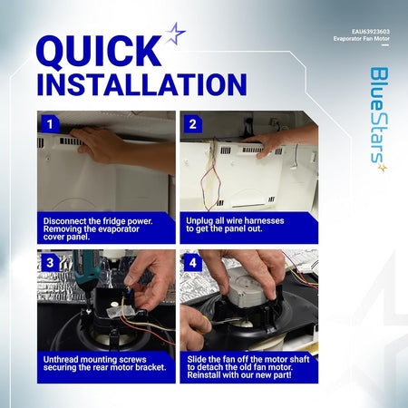 Quick installation guide for EAU63923603 refrigerator evaporator fan motor showing step-by-step replacement process.