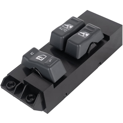 Driver side power master window switch with black plastic housing and three control buttons.