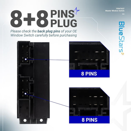 Back view of 15047637 driver side power master window switch showing 8+8 pin plug configuration.