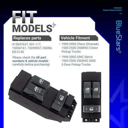 Driver side power master window switch 15047637 shown in angled and top-down views with vehicle fitment information.