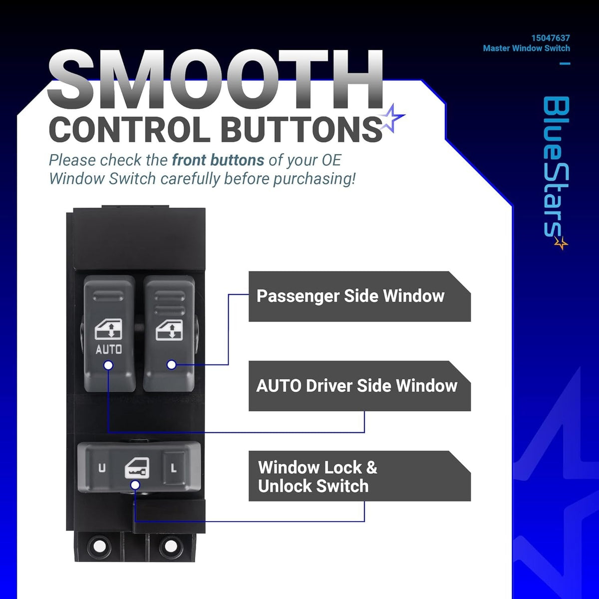 Diagram showing button functions for 15047637 driver side power master window switch.