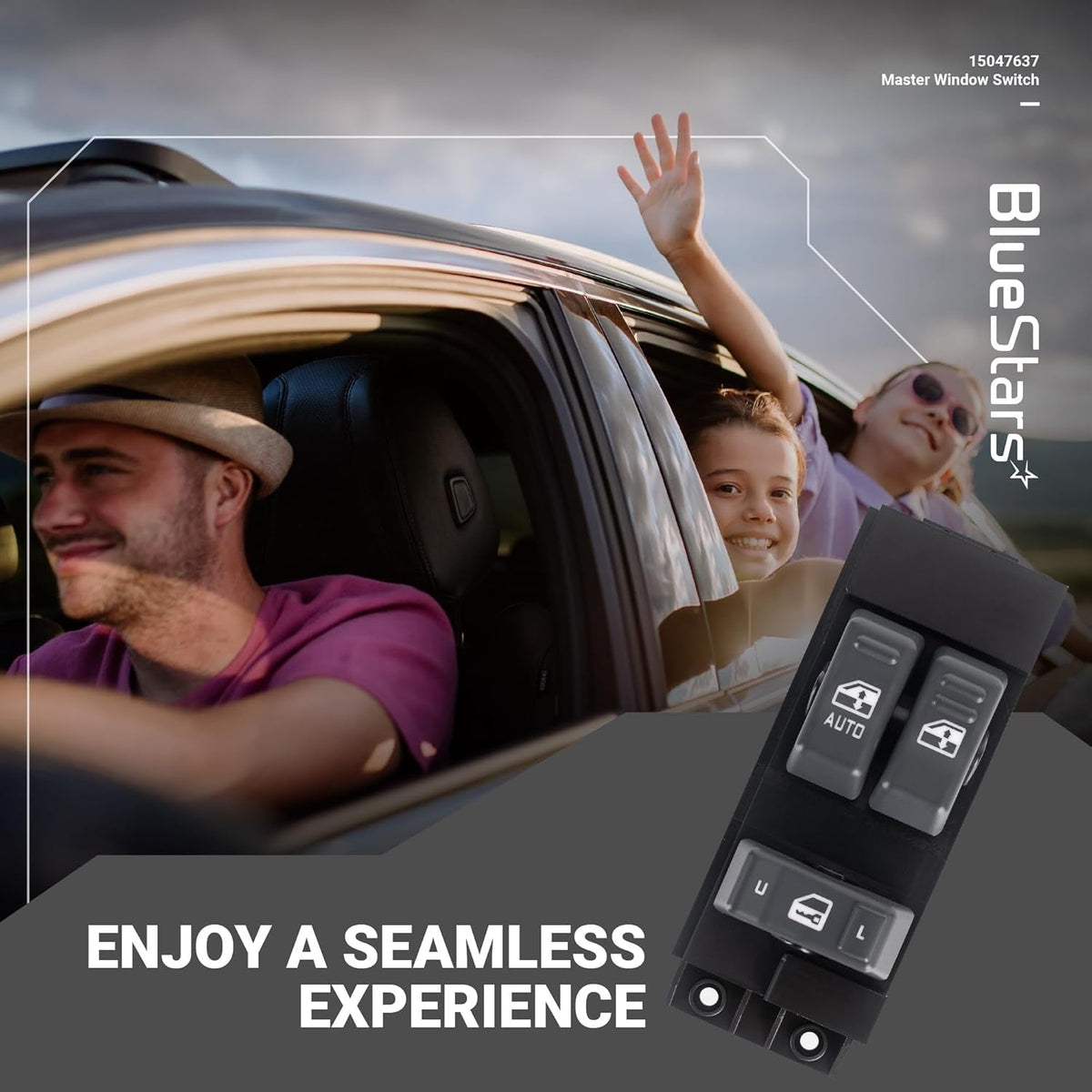 15047637 driver side power master window switch with auto button and door lock controls.