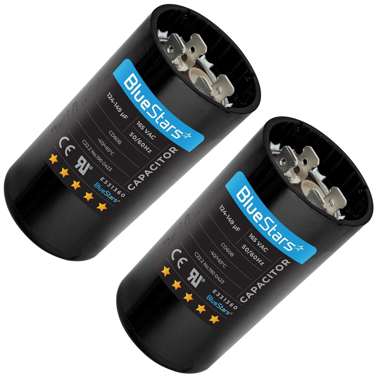 Two 124-149 uF 165 VAC round start capacitors with BlueStars branding and terminal connectors.