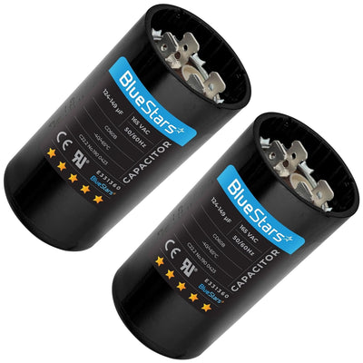 Two 124-149 uF 165 VAC round start capacitors with BlueStars branding and terminal connectors.
