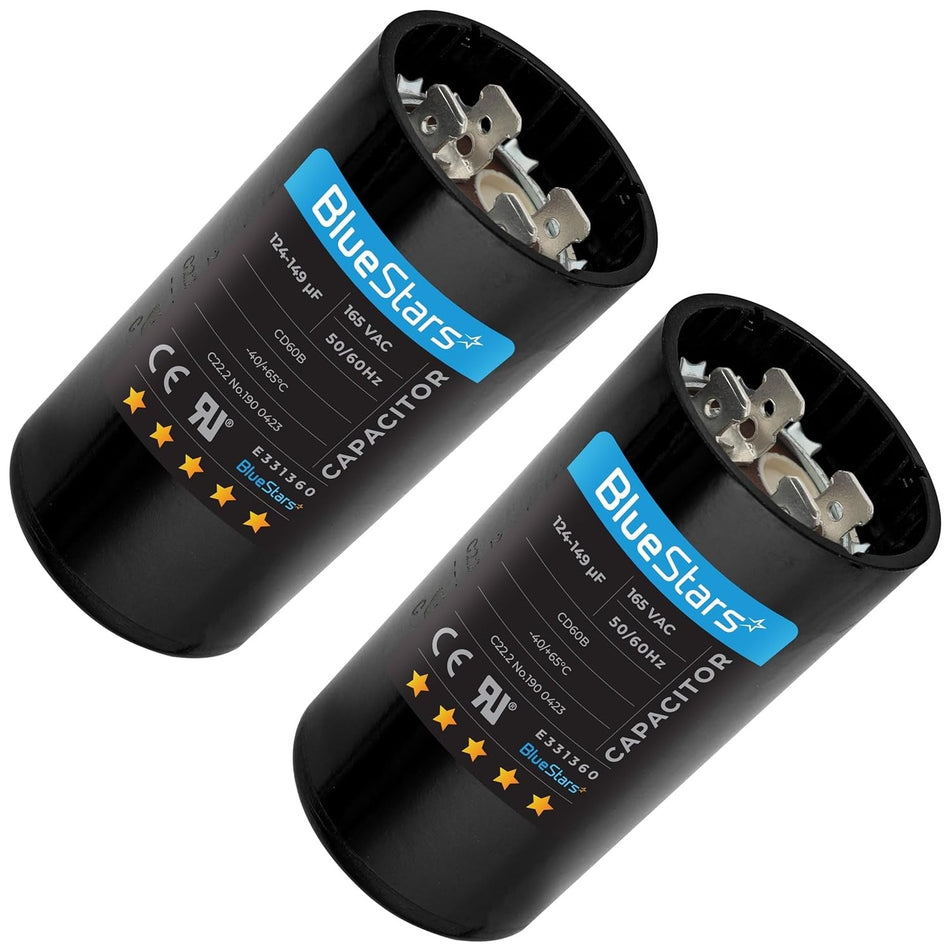 Two 124-149 uF 165 VAC round start capacitors with BlueStars branding and terminal connectors.