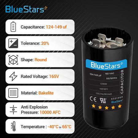 BlueStars 124-149 uF 165 VAC round start capacitor with technical specifications infographic.