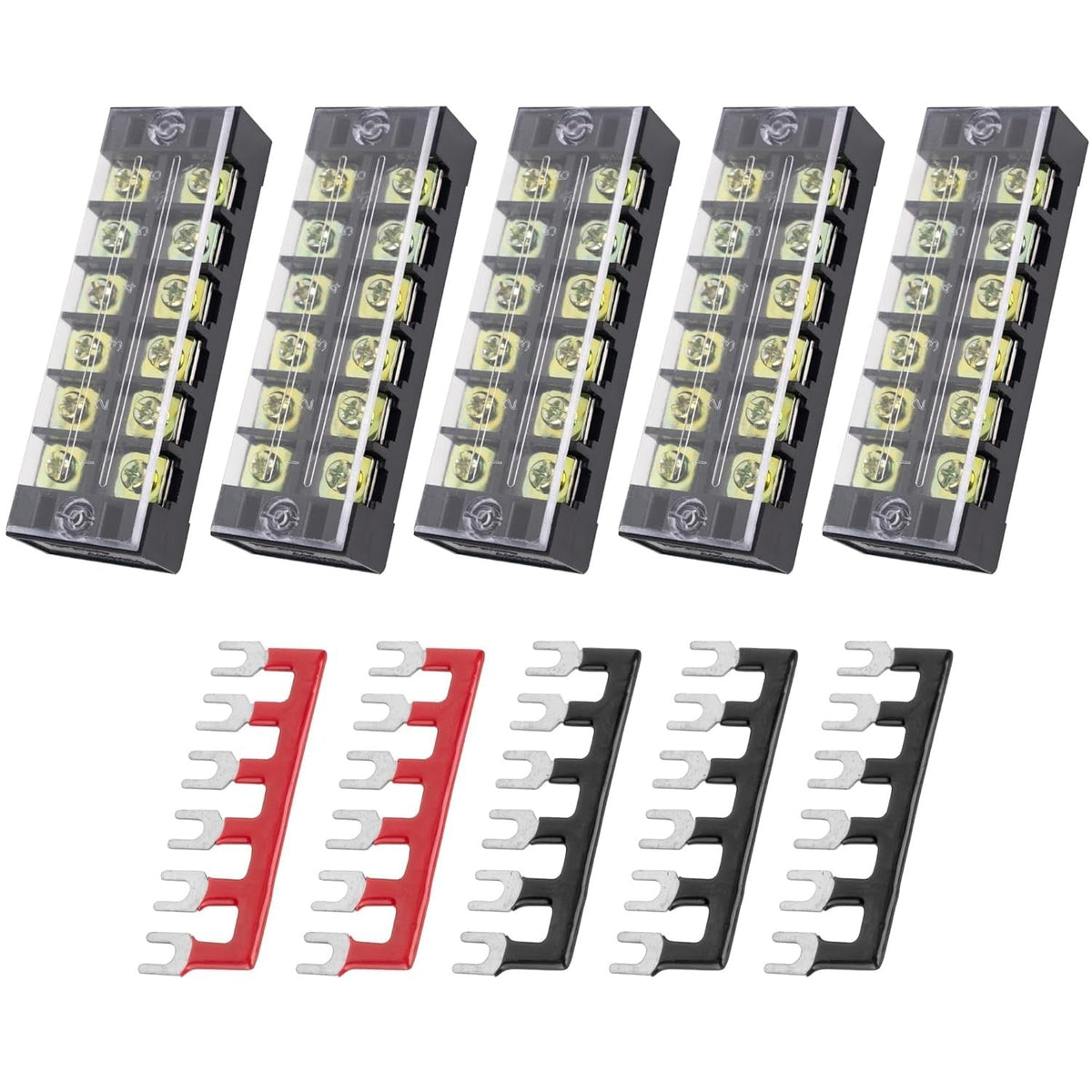 Five 6-position terminal strip blocks with covers and five 6-position pre-insulated barrier strip jumpers.