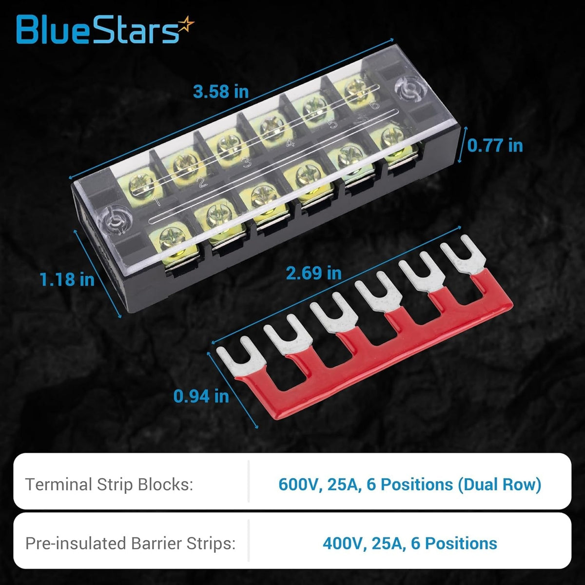 6-position terminal strip block with cover and 6-position pre-insulated barrier strip with dimensional measurements.