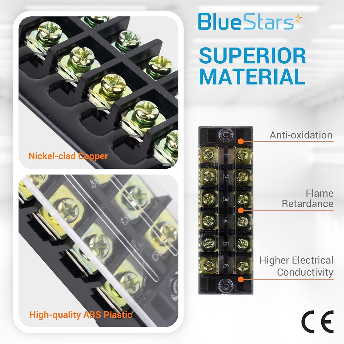 Close-up of 6-position terminal strip block with nickel-clad copper and ABS plastic construction features.