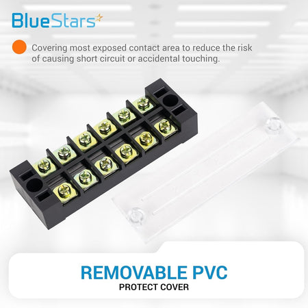 6-position terminal strip block with removable clear PVC protective cover.