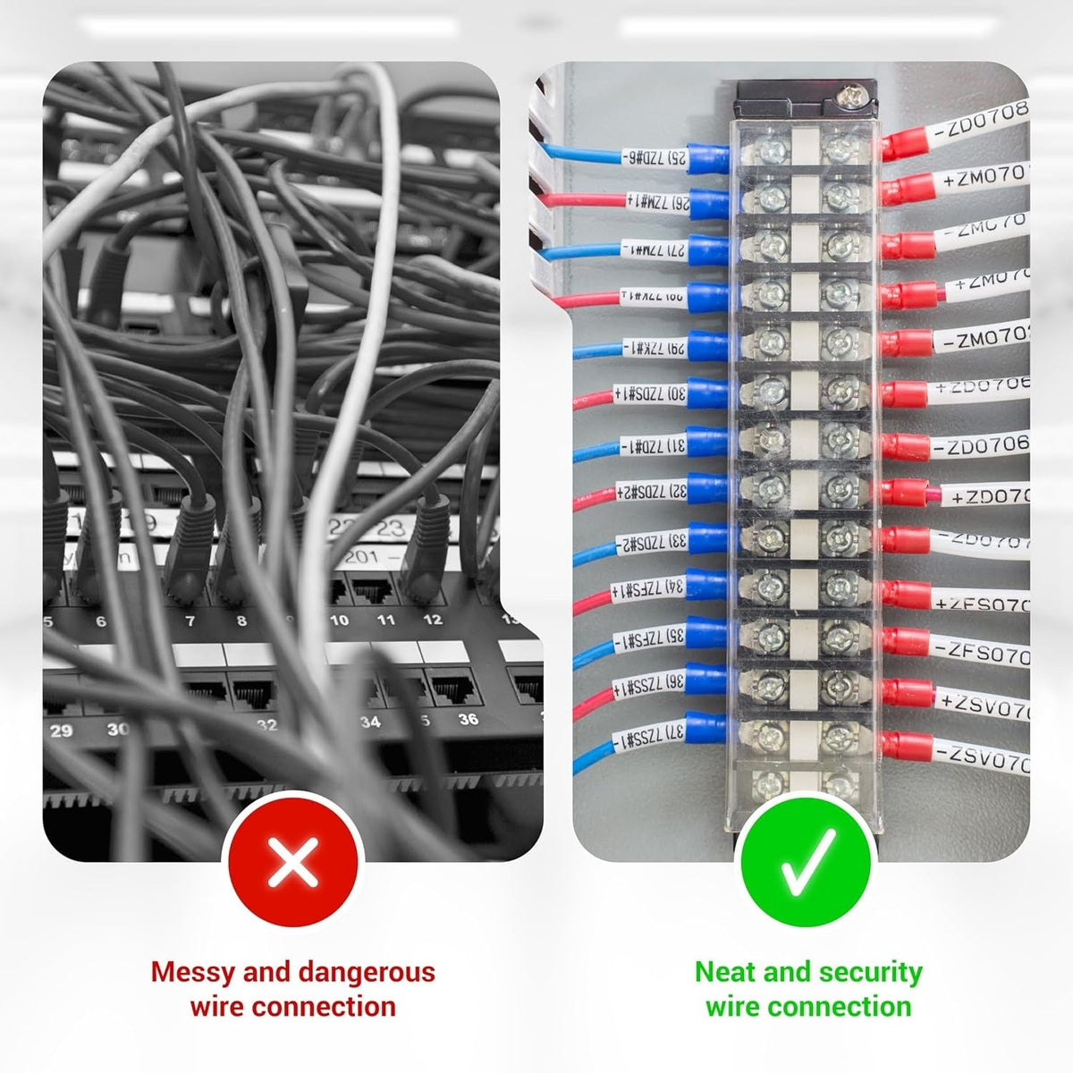 Comparison showing a 6-position terminal strip block with pre-insulated terminals for neat wire organization.
