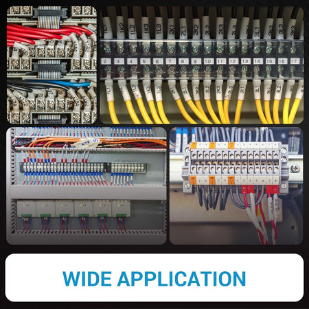 Collage showing various industrial electrical control panels using terminal strip blocks and pre-insulated terminals.