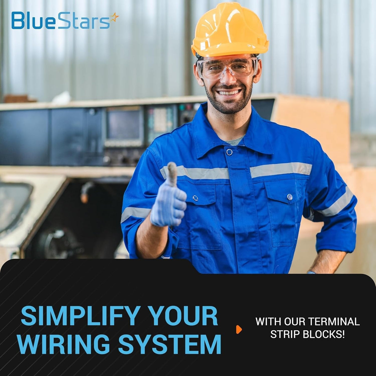 BlueStars technician in safety gear promoting terminal strip blocks for wiring systems.