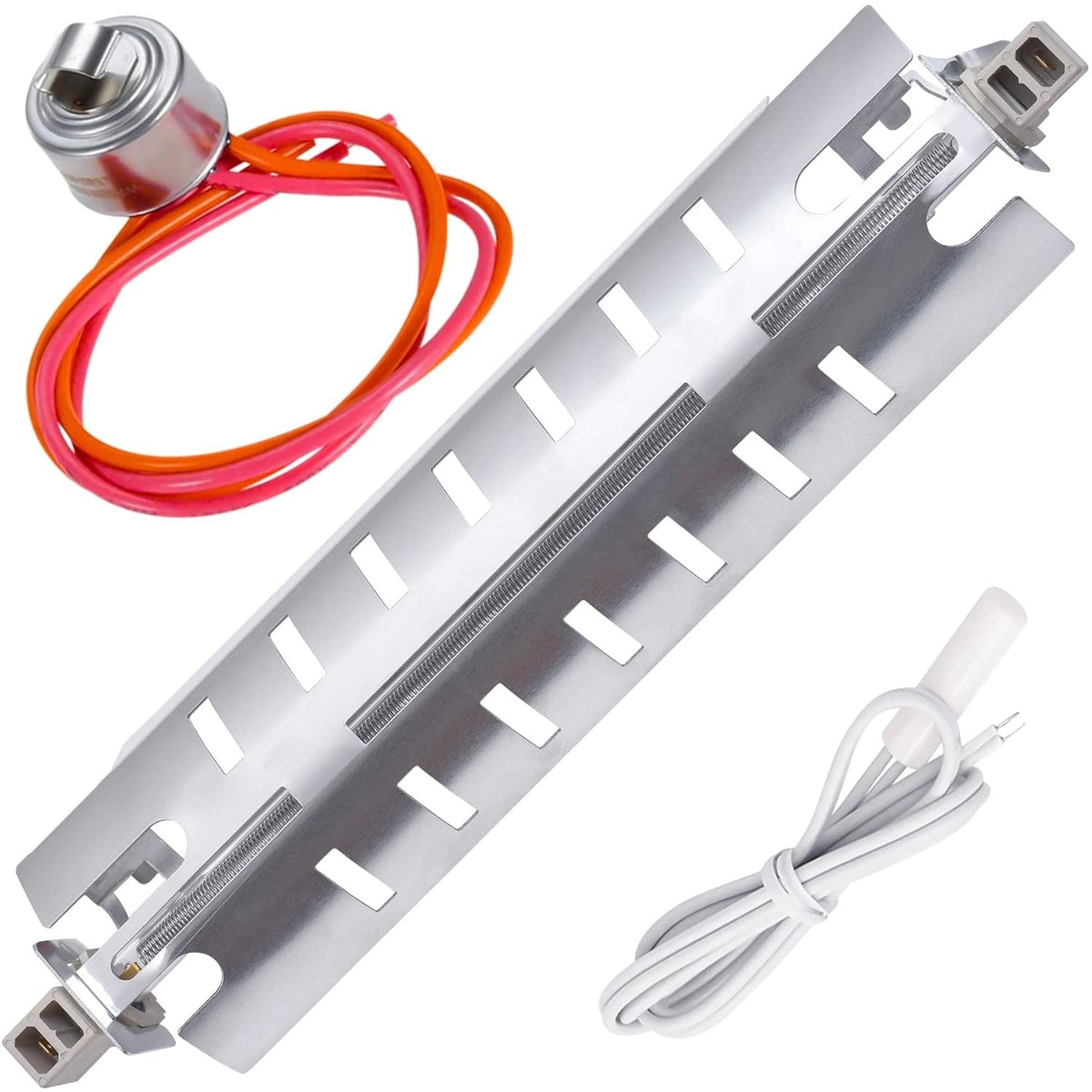 Refrigerator defrost heater, defrost thermostat, and temperature sensor kit for GE and Hotpoint refrigerators.