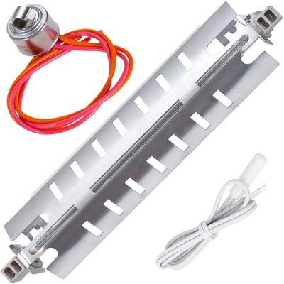 Refrigerator defrost heater, defrost thermostat, and temperature sensor kit for GE and Hotpoint refrigerators.