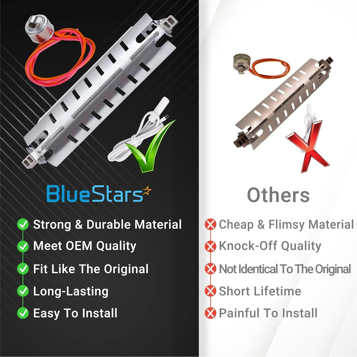 Comparison chart showing BlueStars refrigerator defrost heater, sensor, and thermostat kit versus generic parts.