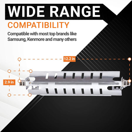WR51X10055 refrigerator defrost heater with 12.2 inch by 2.9 inch dimension diagram for wide brand compatibility.