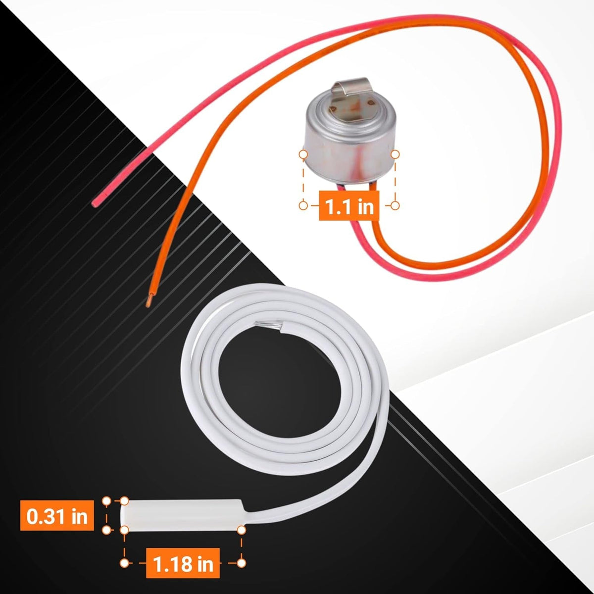 WR50X10068 defrost thermostat and WR55X10025 temperature sensor with dimensions for GE Hotpoint refrigerators.