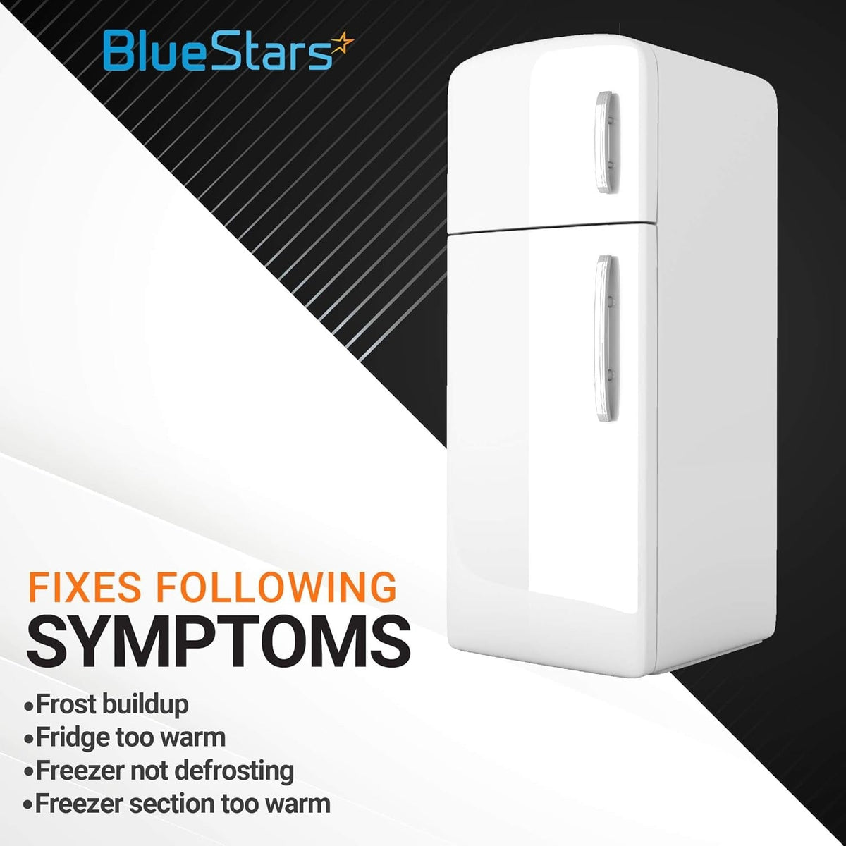 Graphic showing refrigerator symptoms fixed by BlueStars replacement parts for GE and Hotpoint refrigerators.