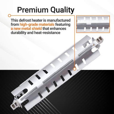 WR51X10055 refrigerator defrost heater with durable metal shield and close-up detail for GE Hotpoint refrigerators.