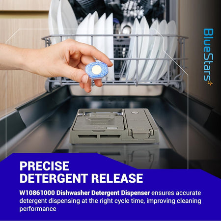 Hand placing a detergent tablet into a W10861000 dishwasher detergent dispenser for Whirlpool and KitchenAid models.