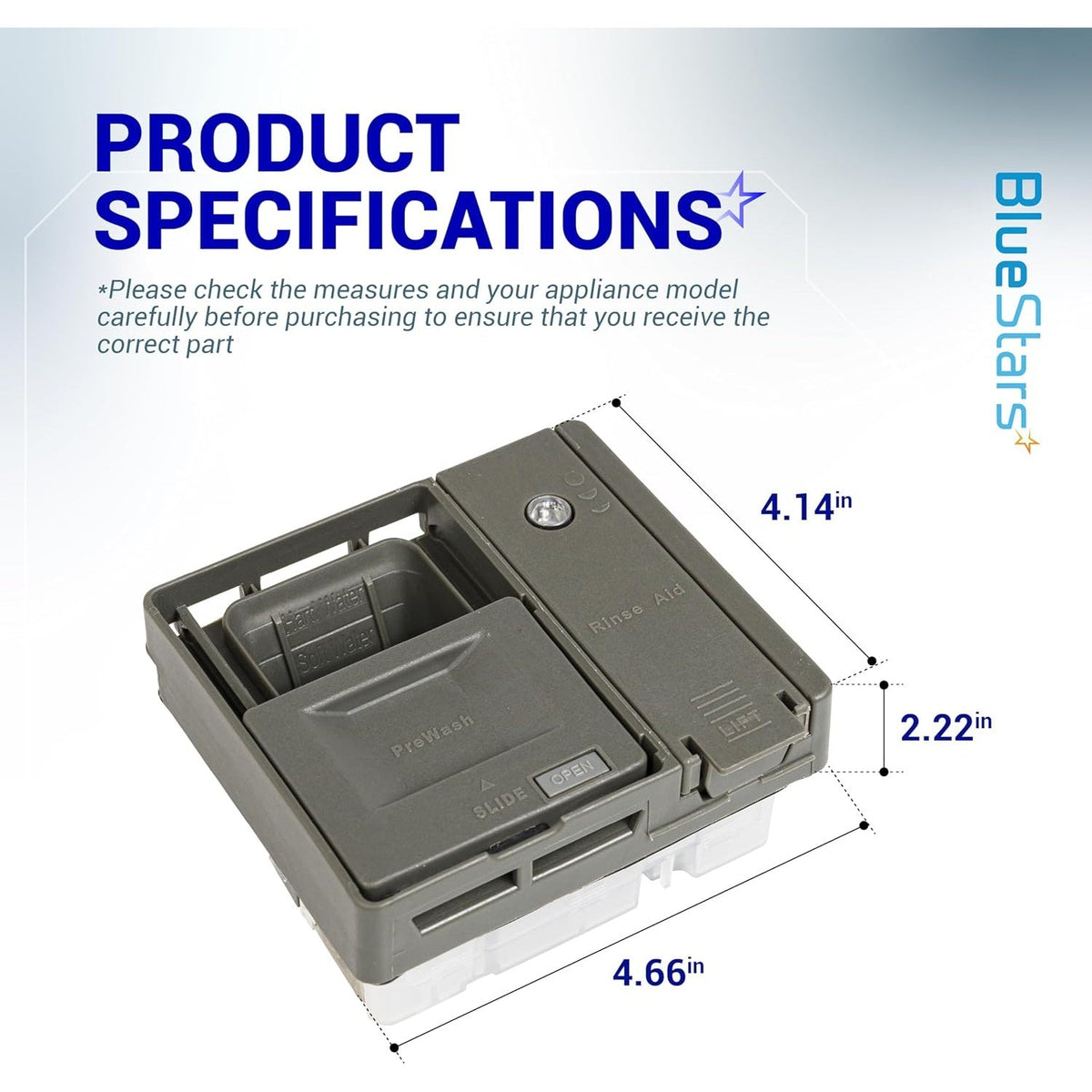 W10861000 dishwasher detergent dispenser with labeled dimensions for Whirlpool and KitchenAid models.