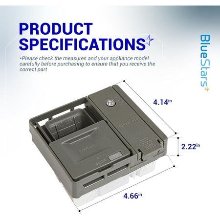 W10861000 dishwasher detergent dispenser with labeled dimensions for Whirlpool and KitchenAid models.