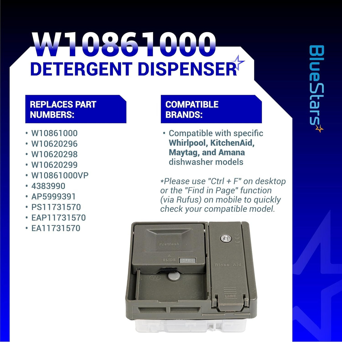W10861000 dishwasher detergent dispenser replacement part with compatibility information chart.