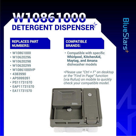 W10861000 dishwasher detergent dispenser replacement part with compatibility information chart.