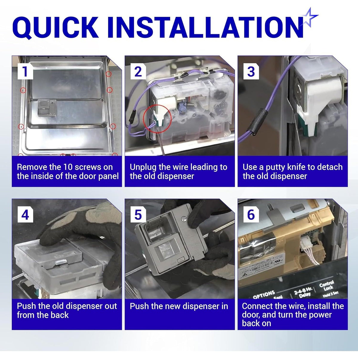 Six-step installation guide for W10861000 dishwasher detergent dispenser replacement.