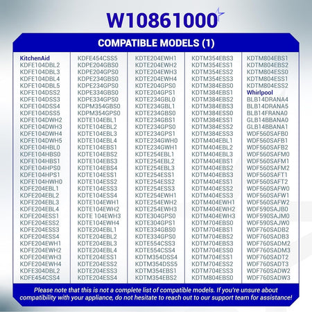Compatibility chart for W10861000 dishwasher detergent dispenser listing Whirlpool and KitchenAid models.
