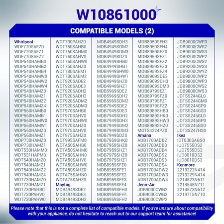 Compatibility chart for W10861000 dishwasher detergent dispenser listing Whirlpool, Maytag, Amana, and Kenmore models.