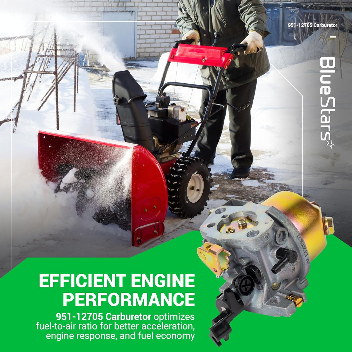 951-12705 replacement carburetor for snow blowers shown with a person operating a snow blower in winter.