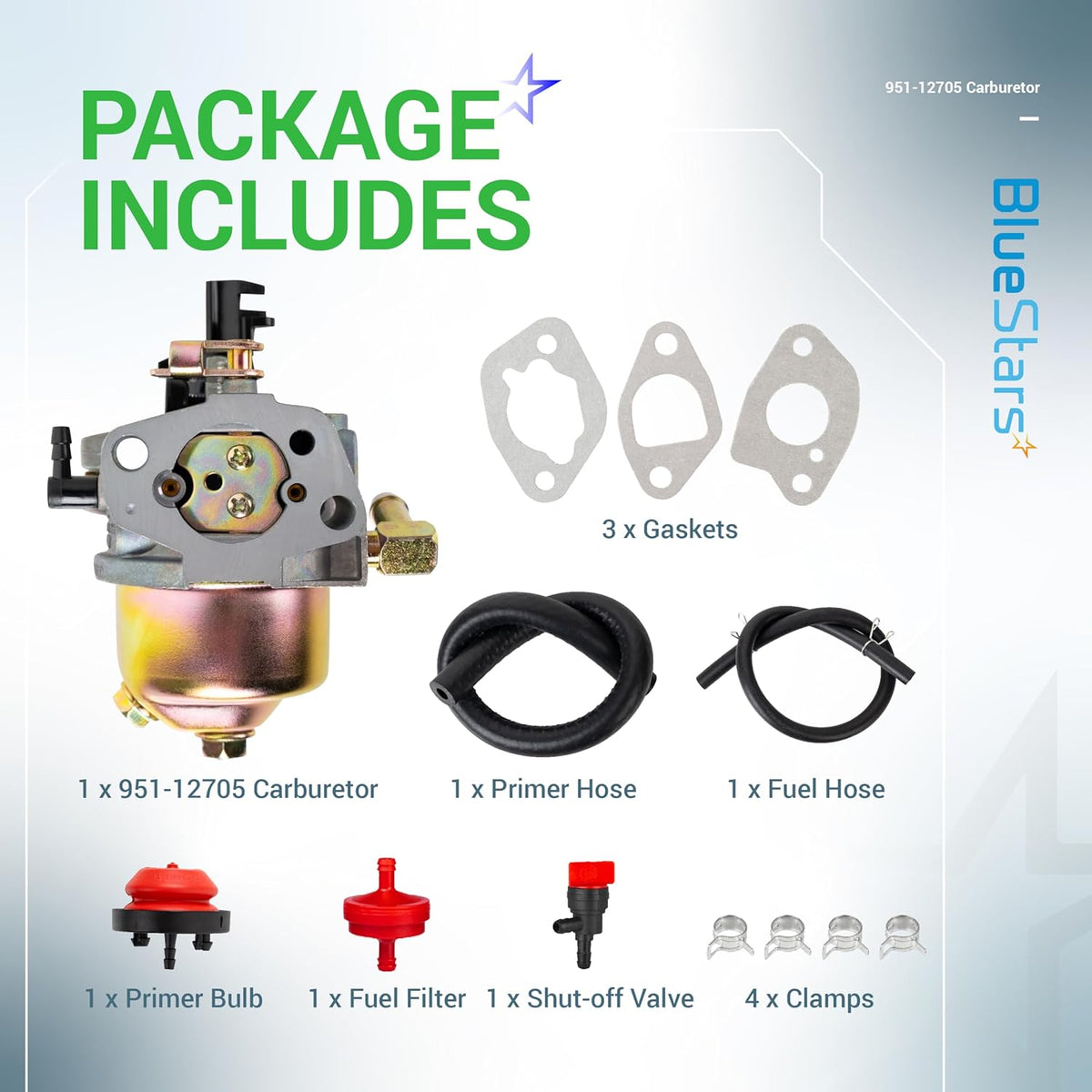 951-12705 carburetor kit with gaskets, hoses, primer bulb, fuel filter, shut-off valve, and clamps for snow blowers.