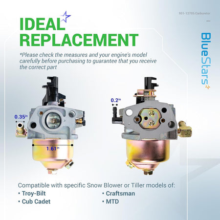951-12705 carburetor replacement showing dimensions for Troy-Bilt, MTD, and Cub Cadet snow blowers.